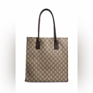 Vintage Gucci GG Monogram Canvas Tote Bag Brown Leather Trim Made In Italy